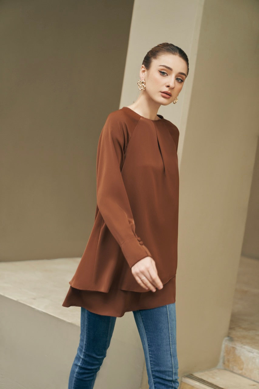 Designer Long tunic top for jeans Brown